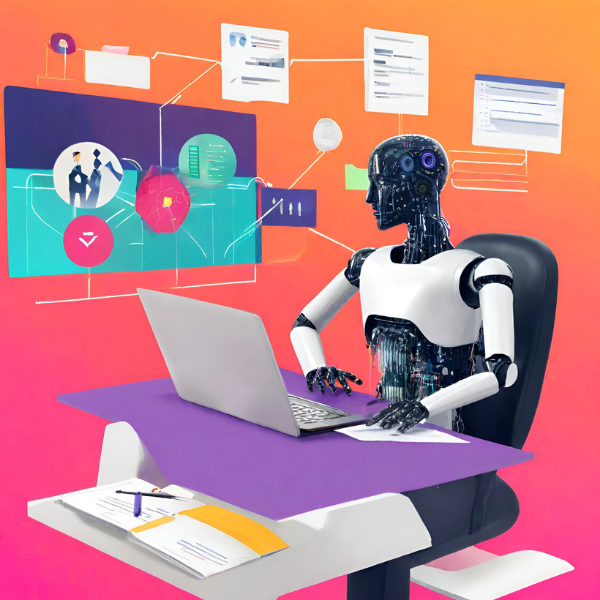 An AI bot behind a desk 
